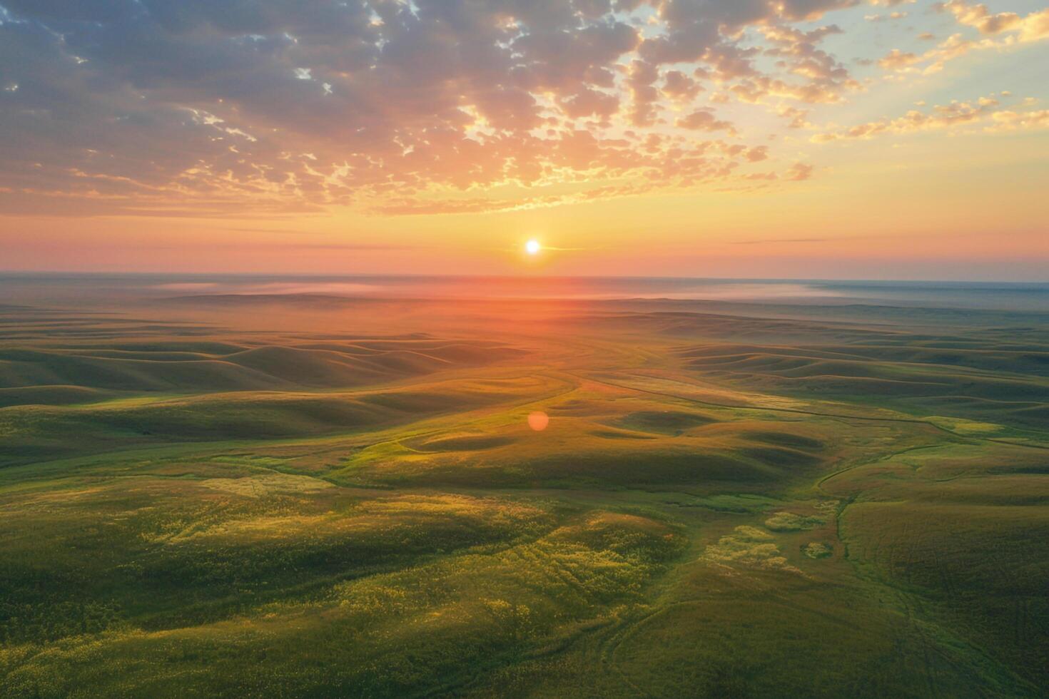 Green Prairie at Sunrise with Wildflowers and Distant Hills photo