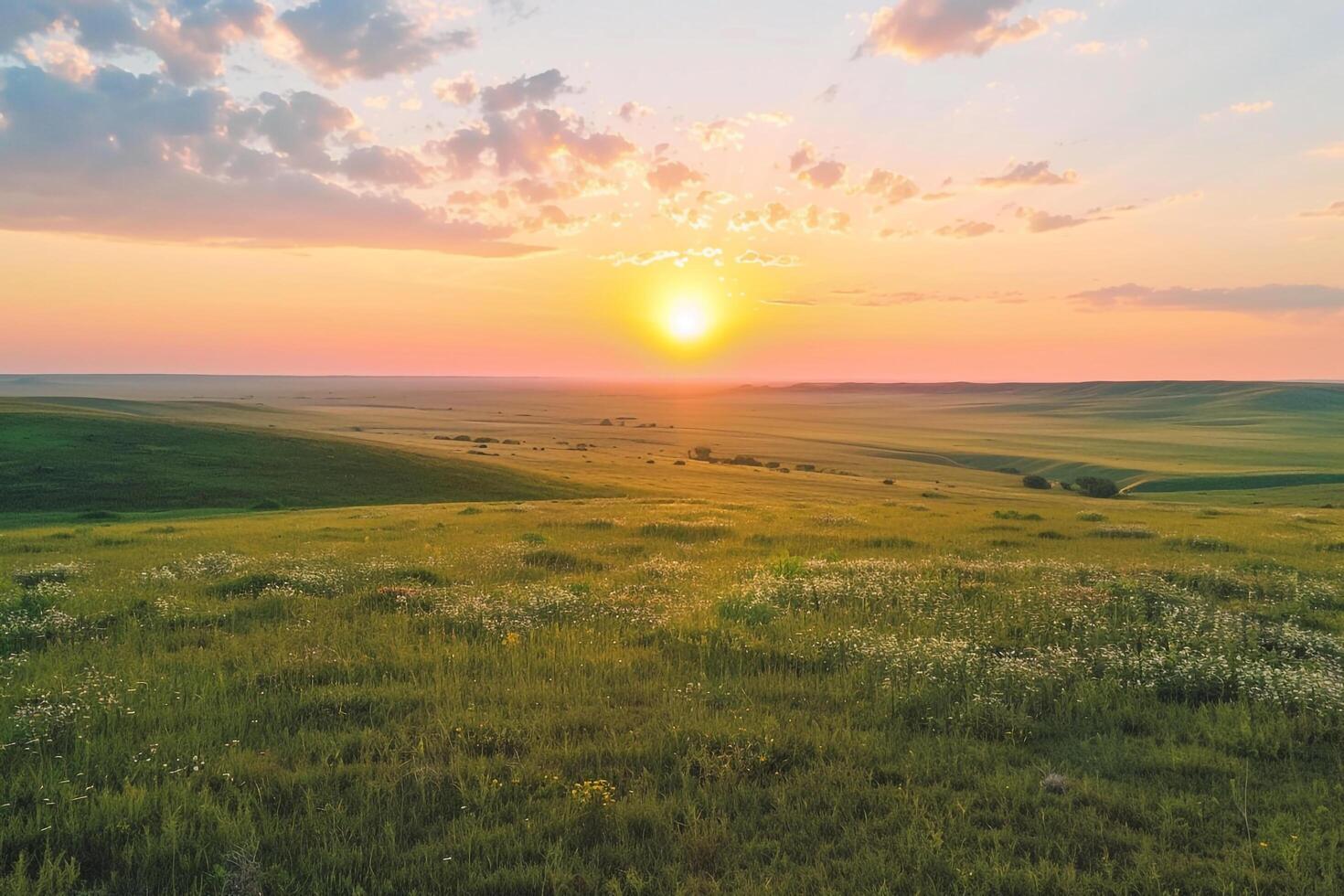 Green Prairie at Sunrise with Wildflowers and Distant Hills photo