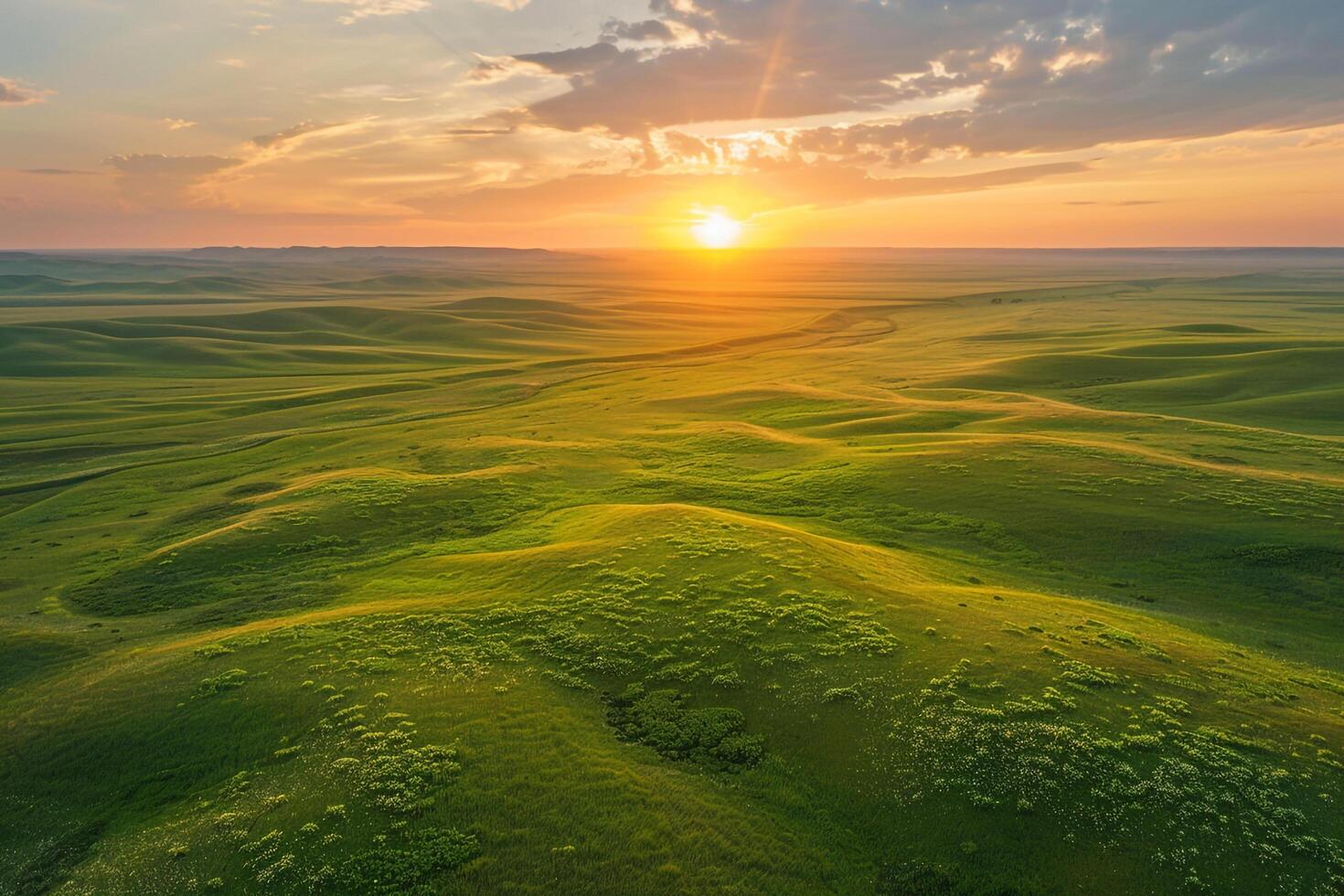 Green Prairie at Sunrise with Wildflowers and Distant Hills photo