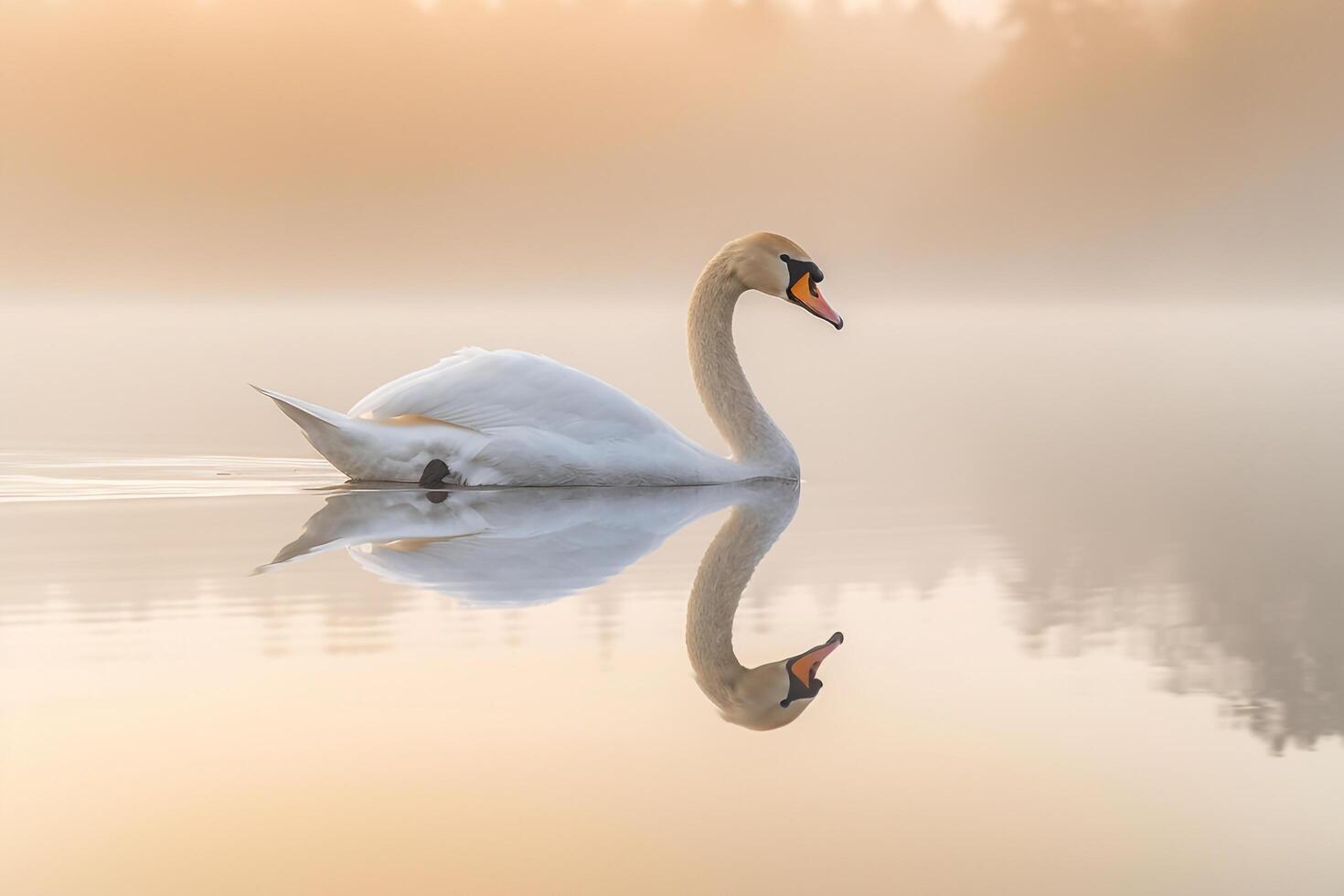 Swan Gracefully Gliding on a Calm Lake with Perfect Reflection Background Nature photo