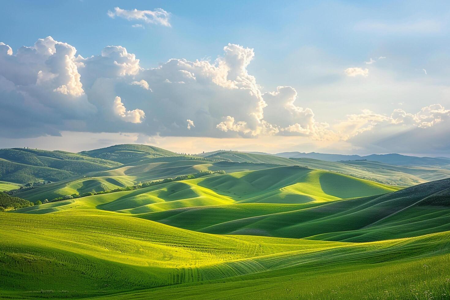 Green Rolling Hills under a Blue Sky with Fluffy Clouds Background Nature photo