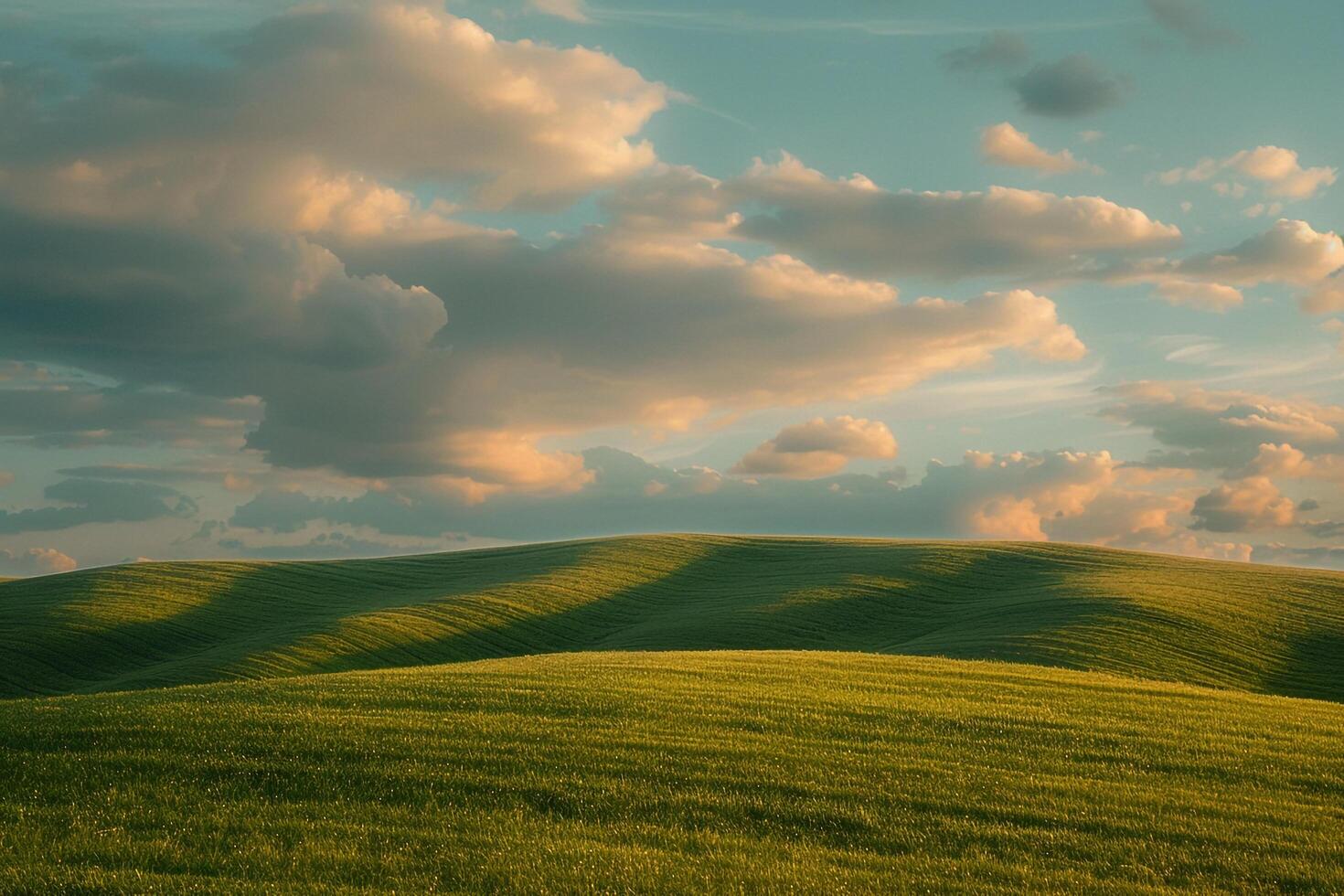 Green Rolling Hills under a Blue Sky with Fluffy Clouds Background Nature photo