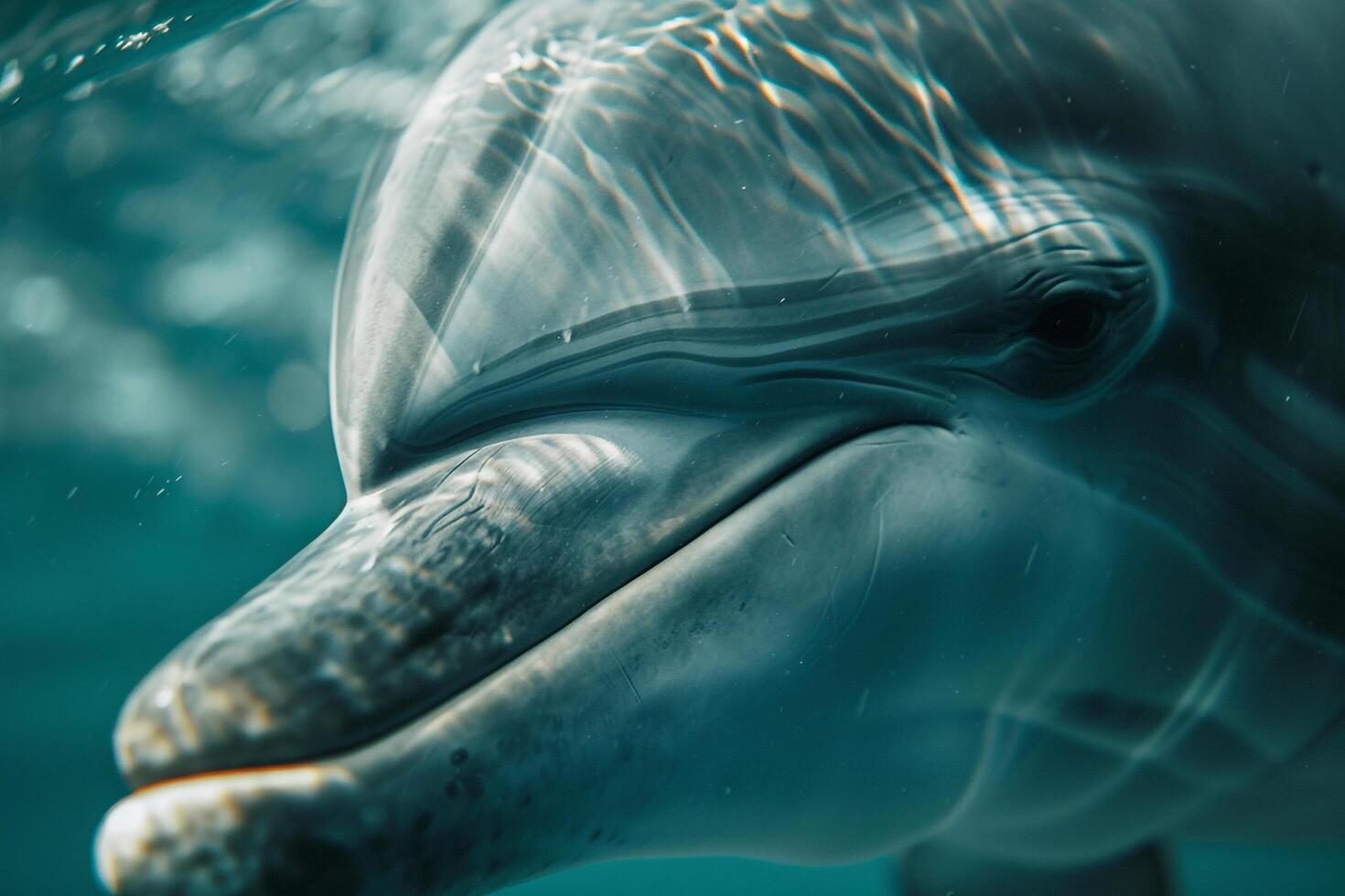 A Nature Background of a Dolphins Eye Underwater with Serene Reflections of the Ocean and a Calm Expression photo