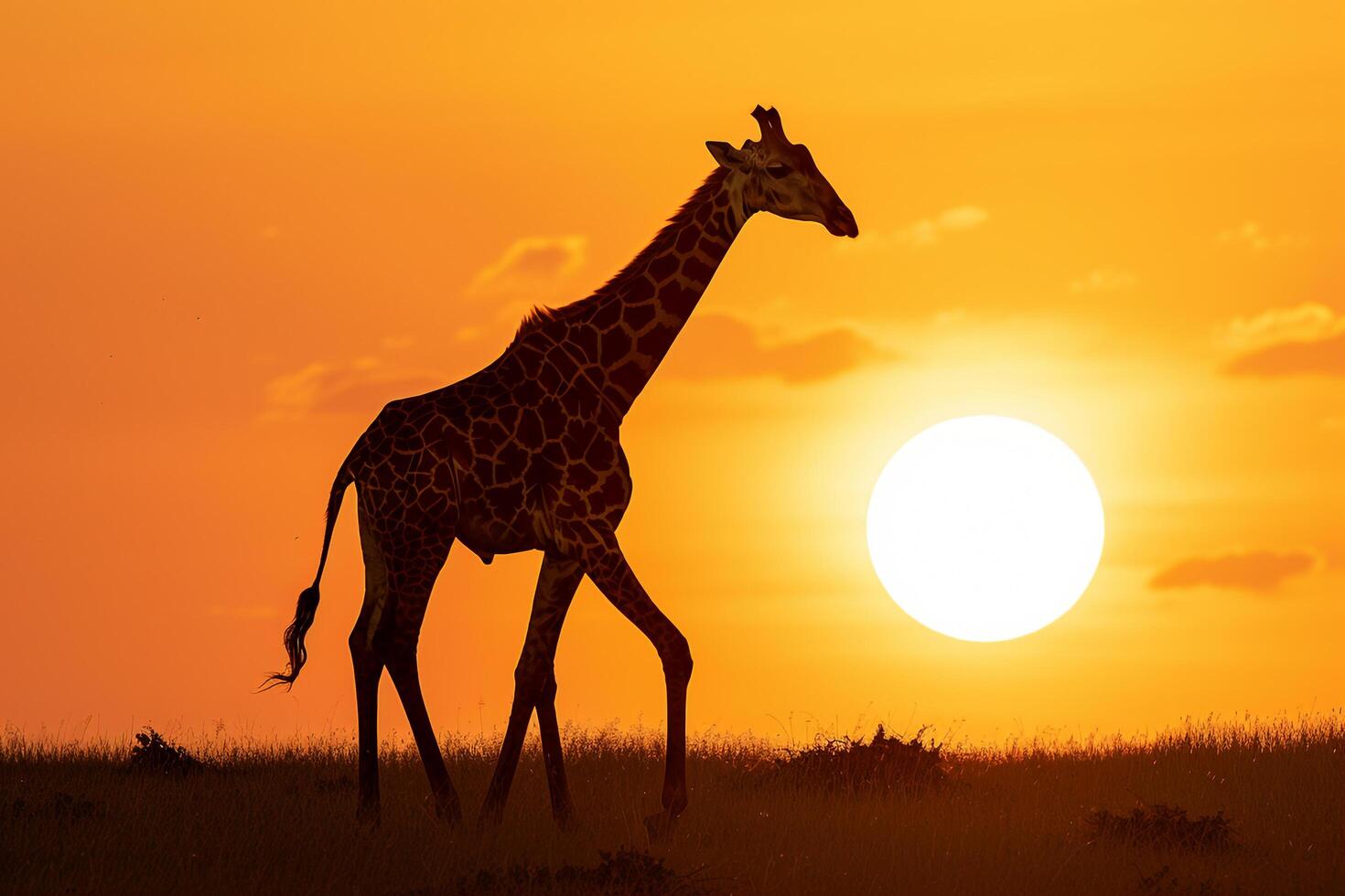 A Giraffe Walking Across the Horizon at Sunset Background Nature photo