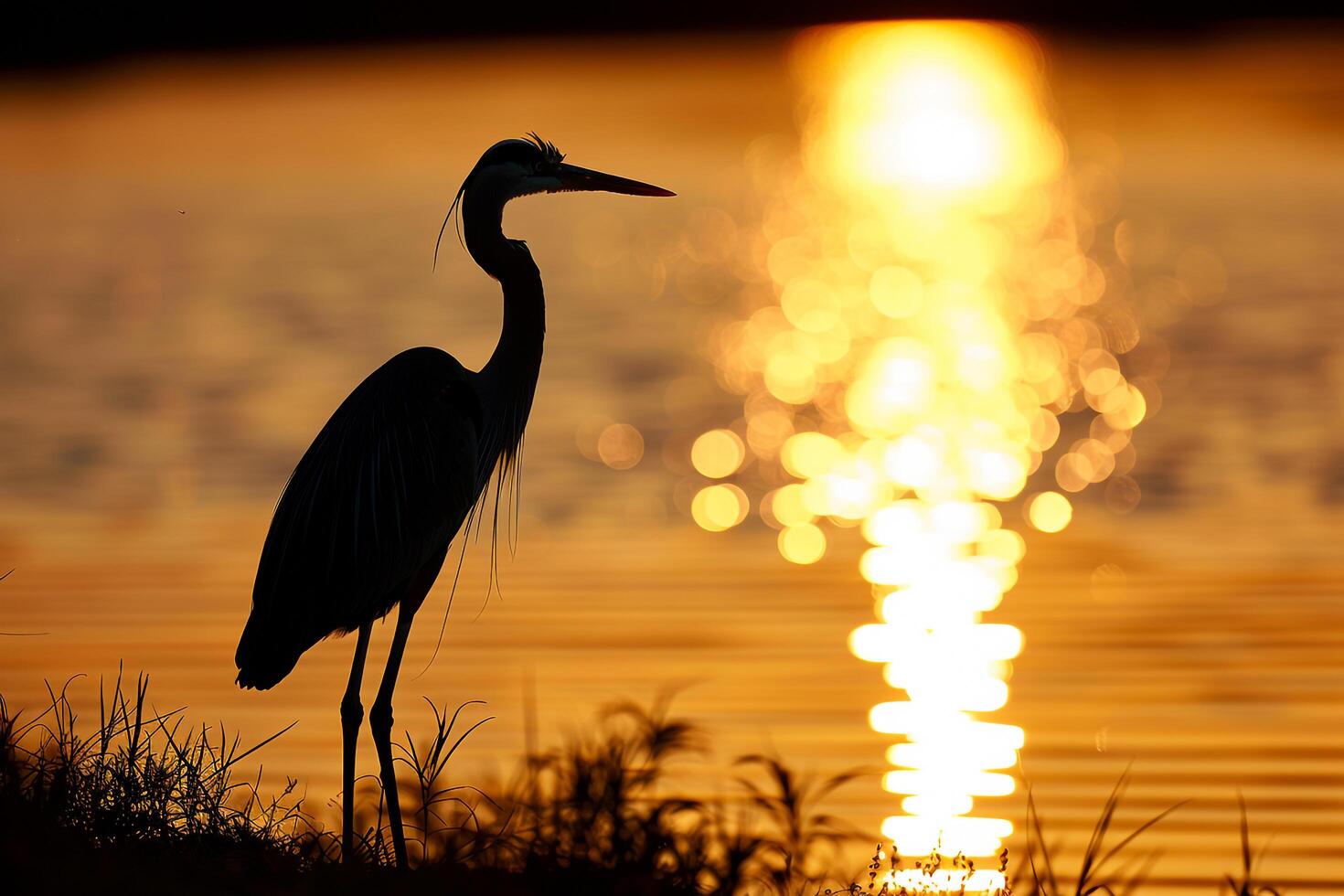 Heron Standing Gracefully at Sunset on a Lake Shore Background Nature photo