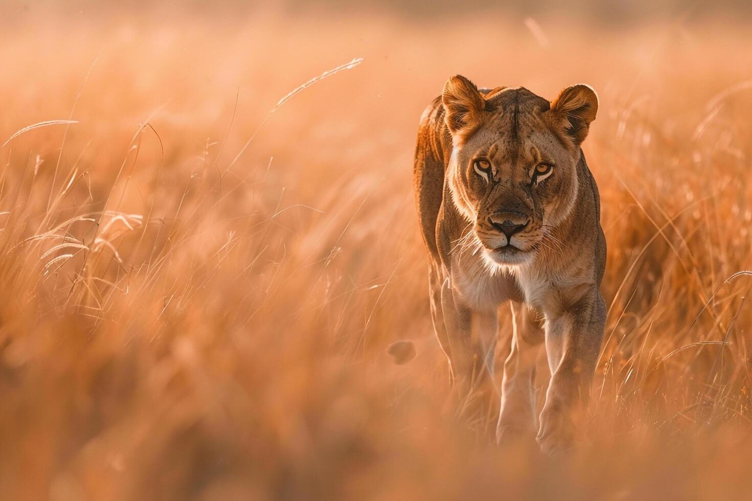 Lioness Stalking Through the Tall Grass of the Savannah Nature Background photo