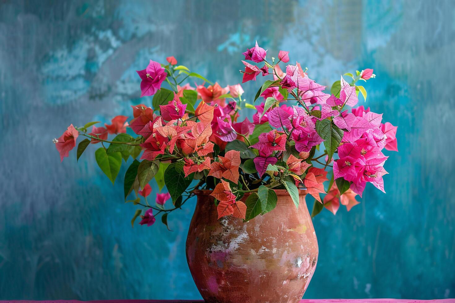 Bougainvillea arrangement in a terracotta pot. tropical background. Nature photo