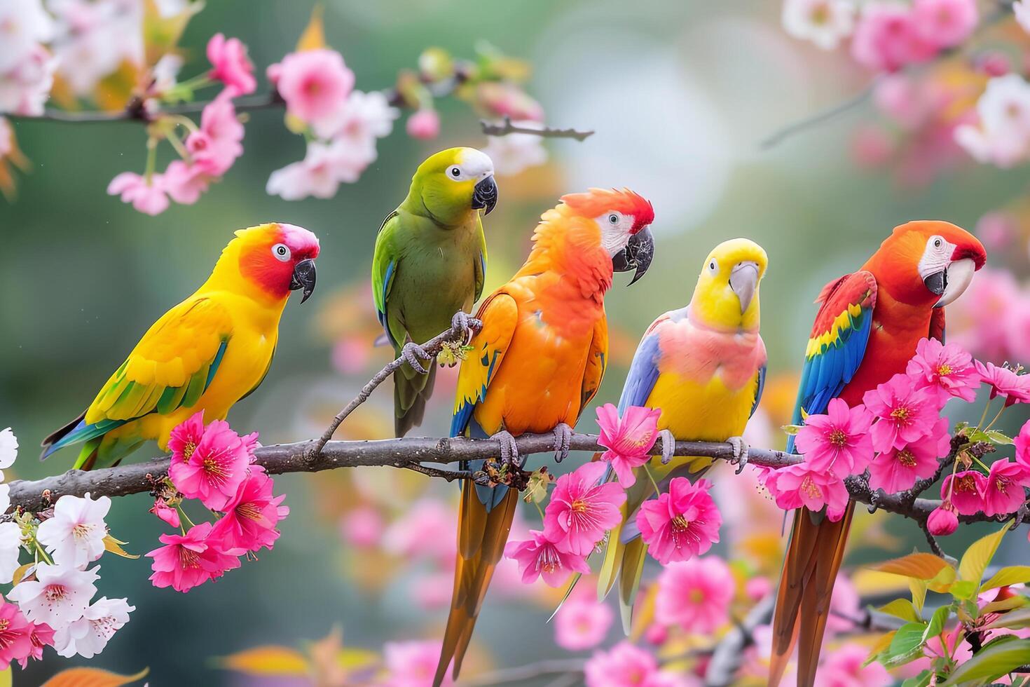 Group of Parrots Perched on a Blossoming Cherry Tree in a Spring Garden Nature Background photo
