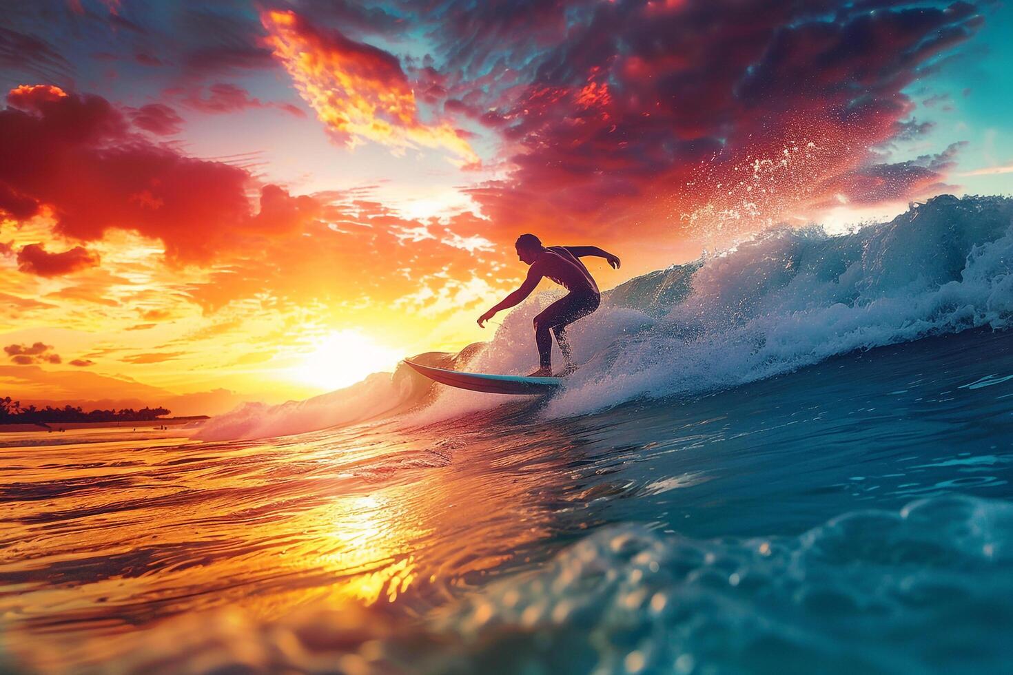 Surfer riding a wave during a  sunset. background. Nature photo