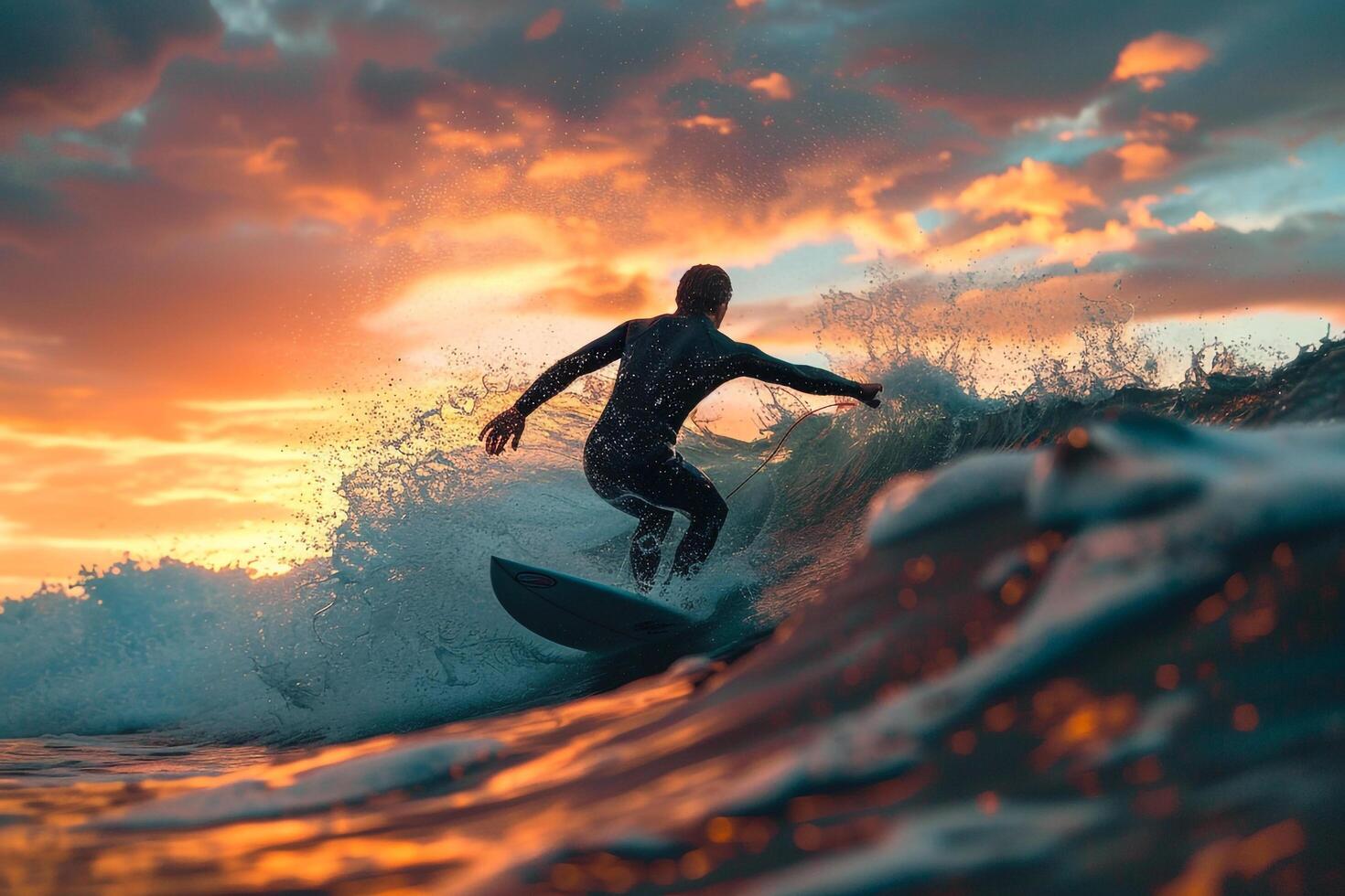 Surfer riding a wave during a  sunset. background. Nature photo