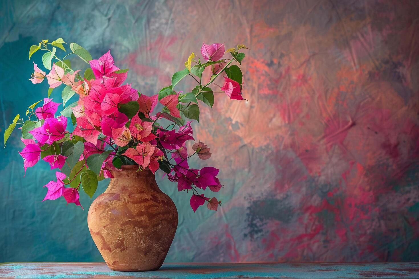 Bougainvillea arrangement in a terracotta pot. tropical background. Nature photo