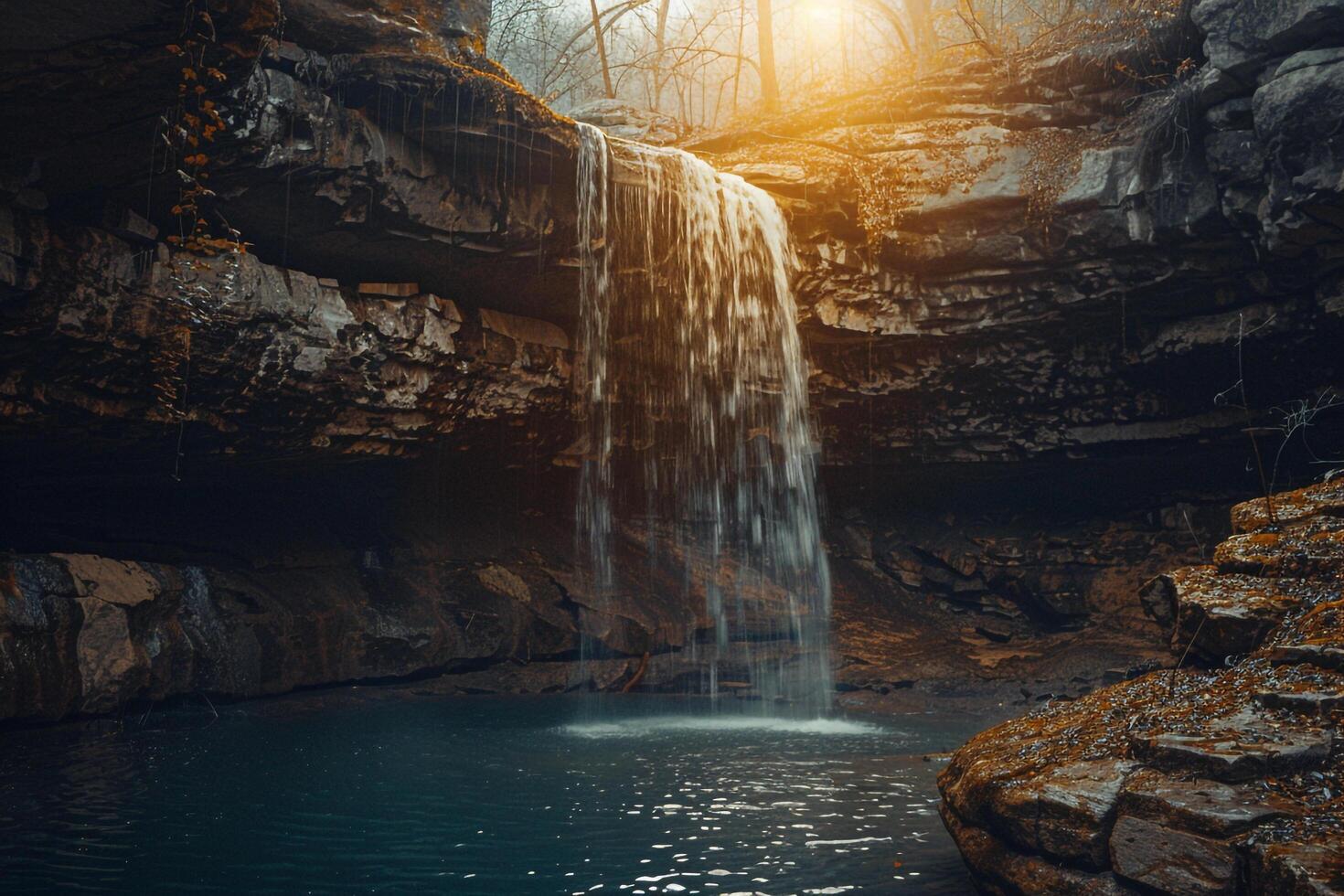 Waterfall Cascading into Pool at Sunrise. background. Nature photo