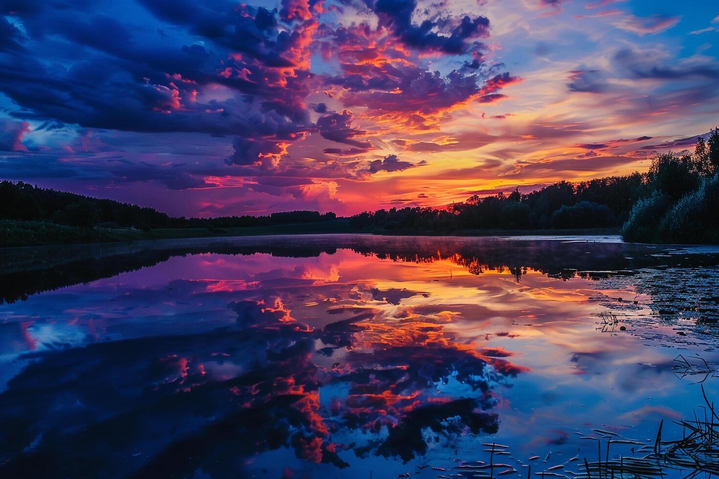 Tranquil lake reflecting  colors of sunset sky. background. Nature photo