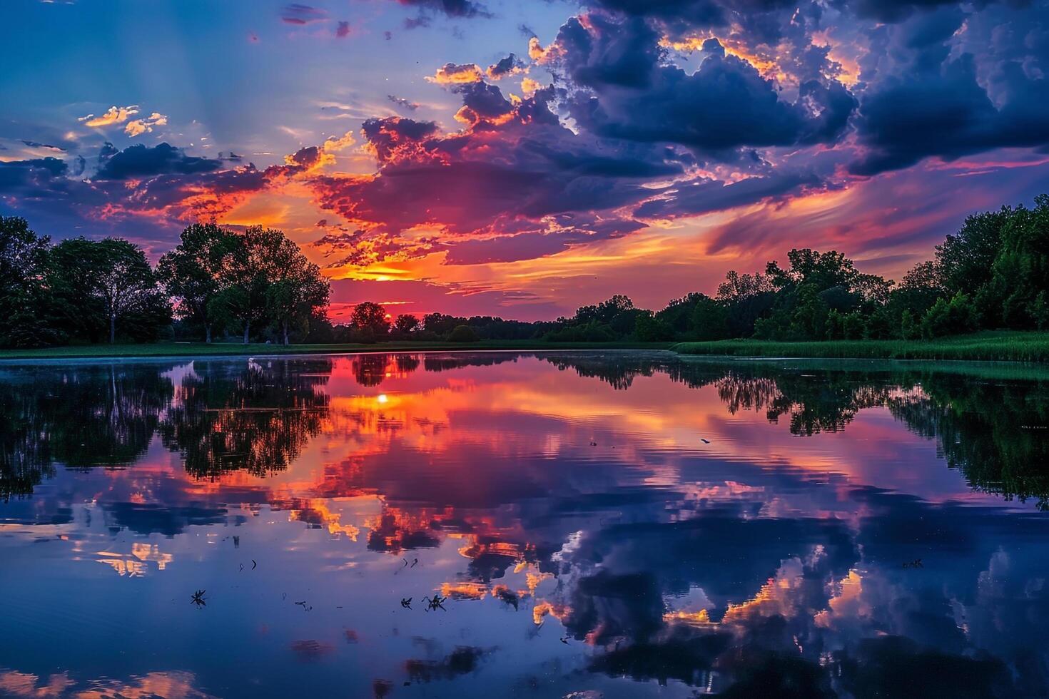 Tranquil lake reflecting  colors of sunset sky. background. Nature photo