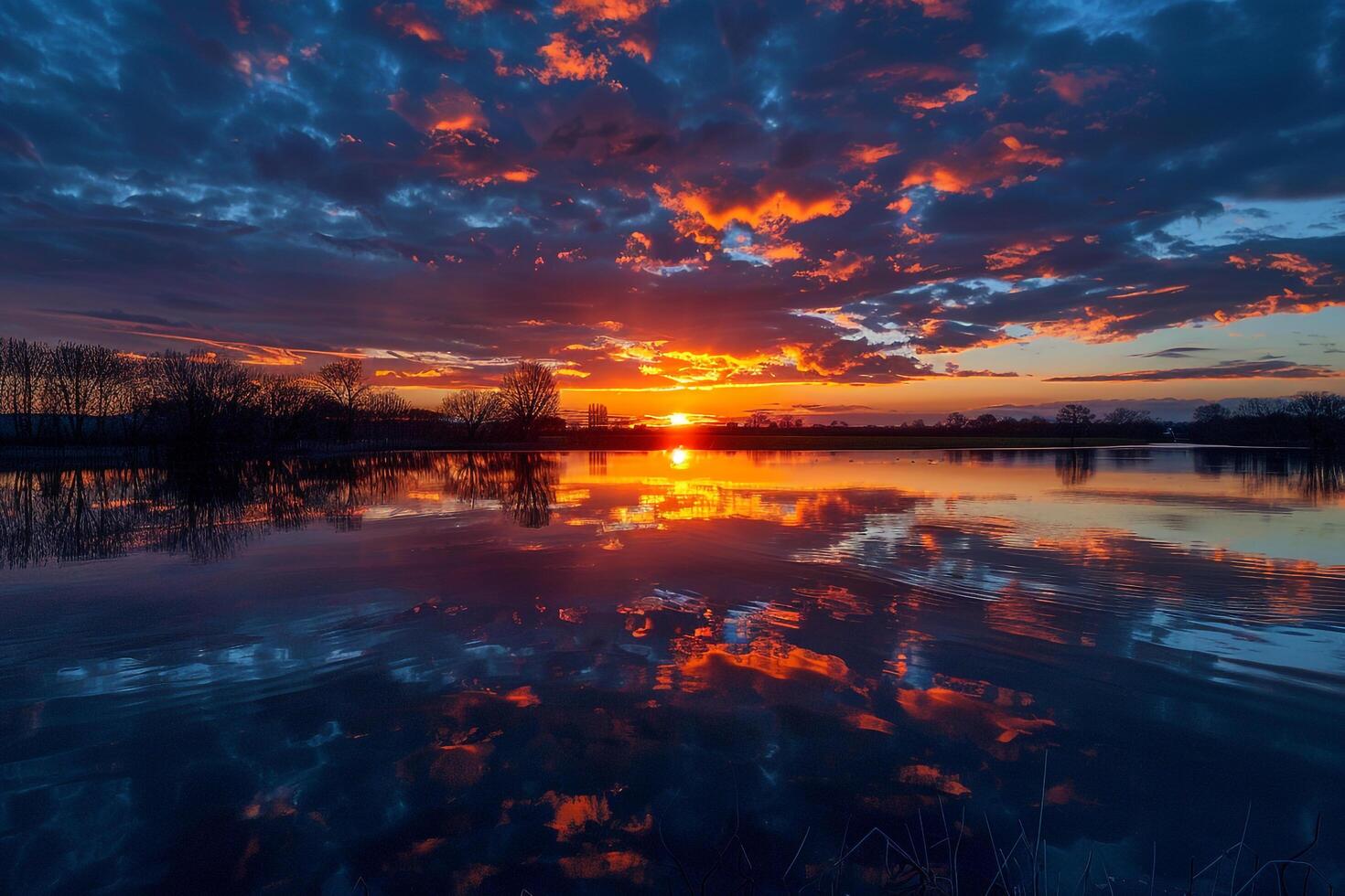 Tranquil lake reflecting  colors of sunset sky. background. Nature photo
