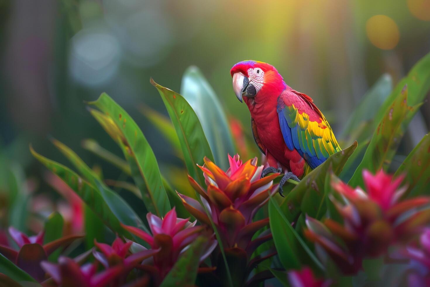 Parrot in Tropical Rainforest with Bromeliads  Jungle  Nature Beauty photo