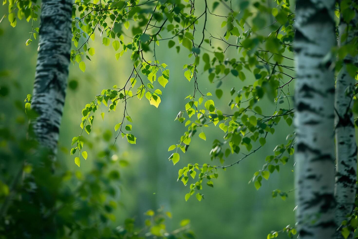 Canopy of Green Leaves in Birch Forest. Nature Background photo