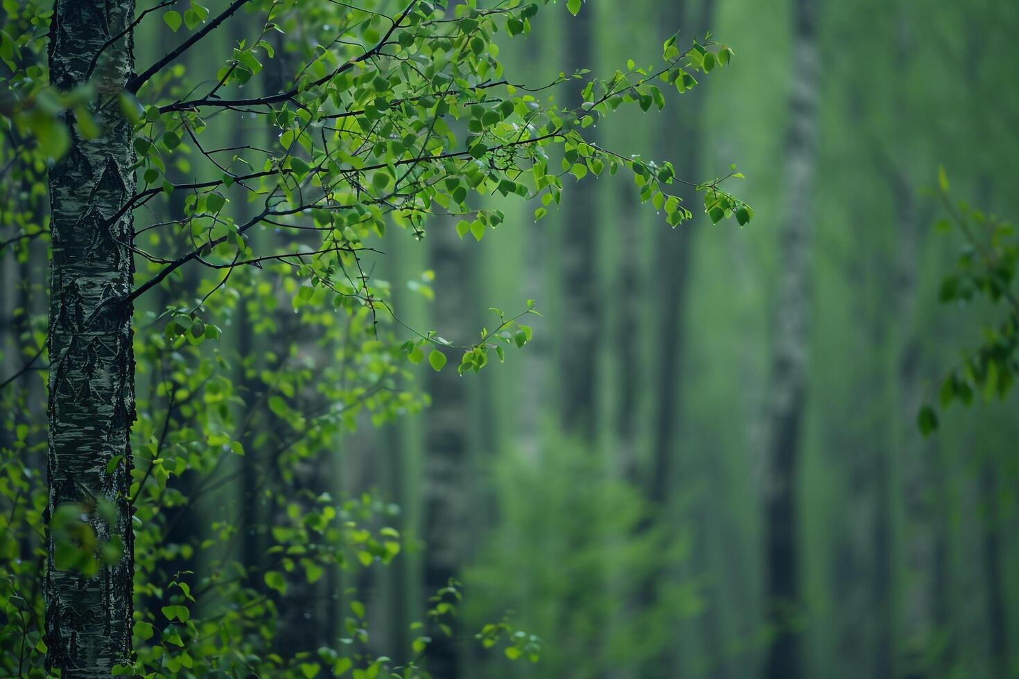Canopy of Green Leaves in Birch Forest. Nature Background photo