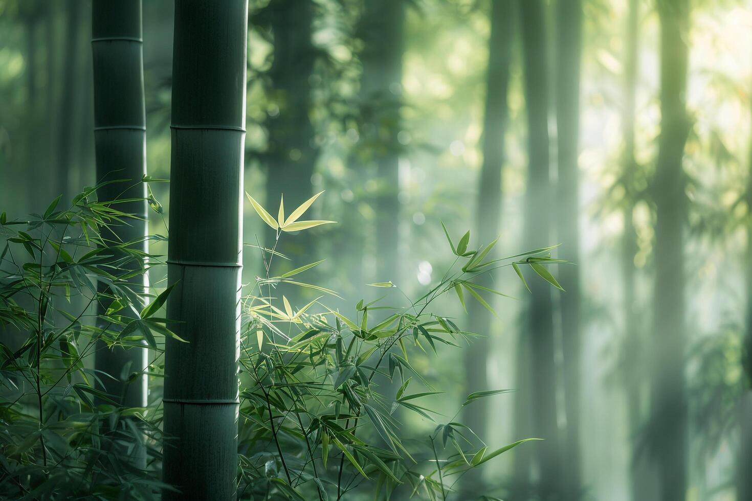A Tranquil Bamboo Forest with Soft Sunlight Filtering Through. Nature Background photo