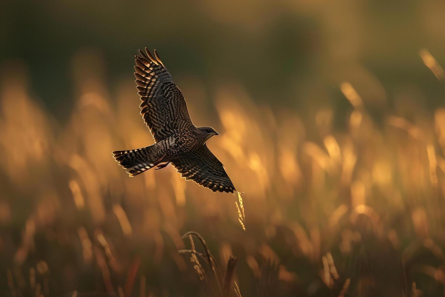 A nighthawk flying swiftly over a meadow during twilight. nature background photo