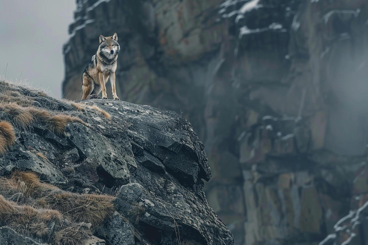 A watchful wolf standing on a rocky outcrop. surveying its territory in a mountainous landscape. nature background photo
