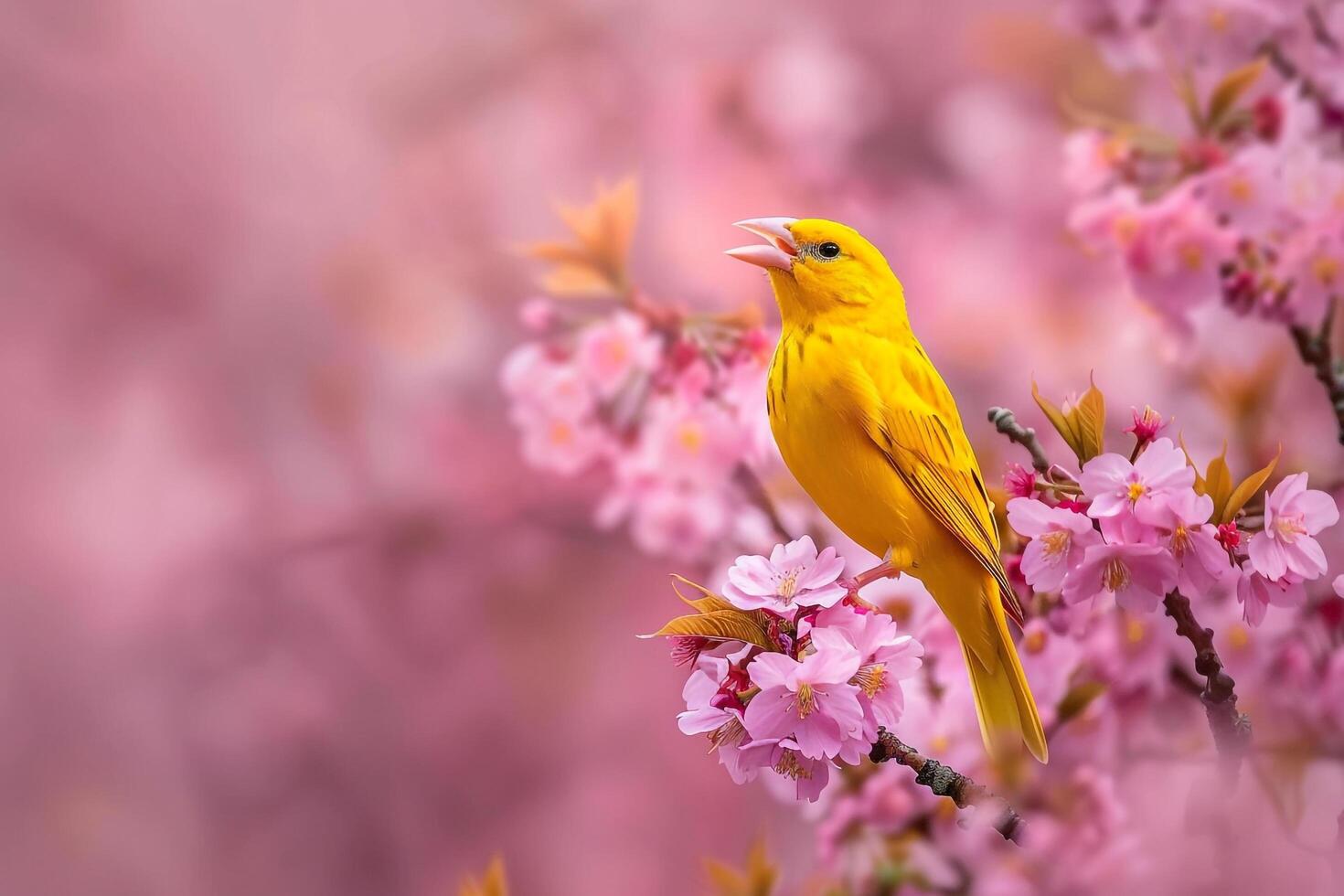 A bright yellow canary singing atop a blooming cherry blossom tree. nature background photo