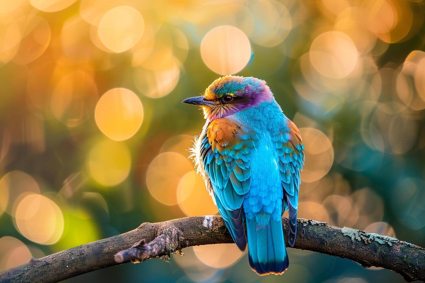A roller perched on a branch with its bright plumage shining in the sunlight. nature background photo