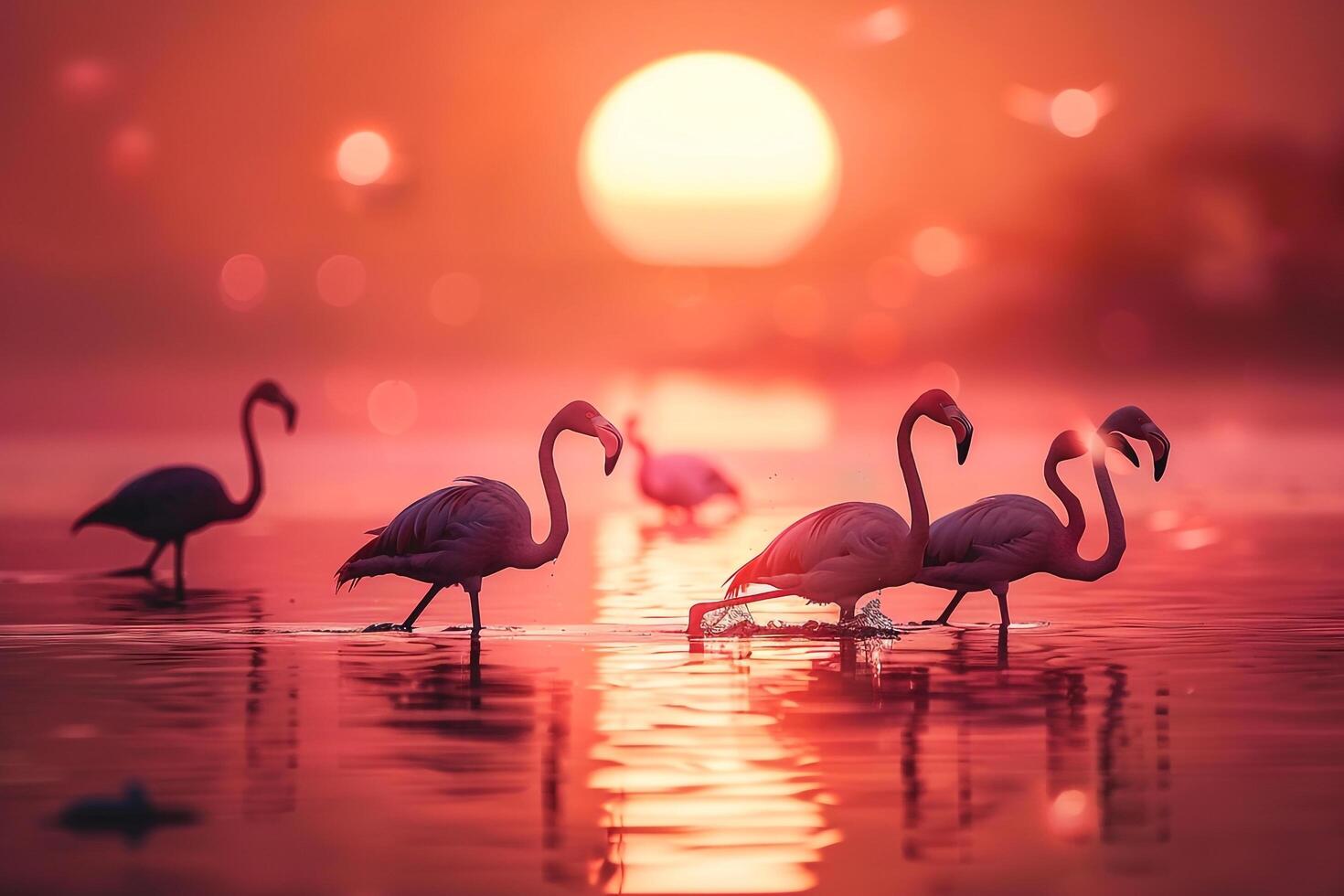 Flock of flamingos wading in shallow waters at sunset. Nature Background photo