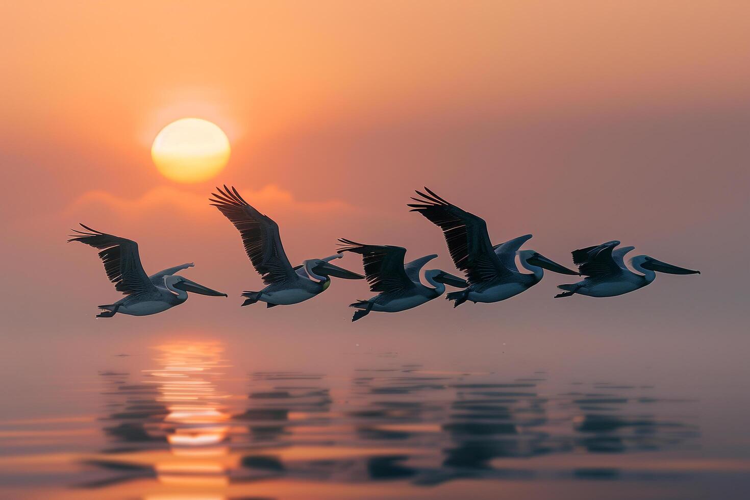 Group of Pelicans Gliding Over Calm Waters During Sunrise. Nature Background photo
