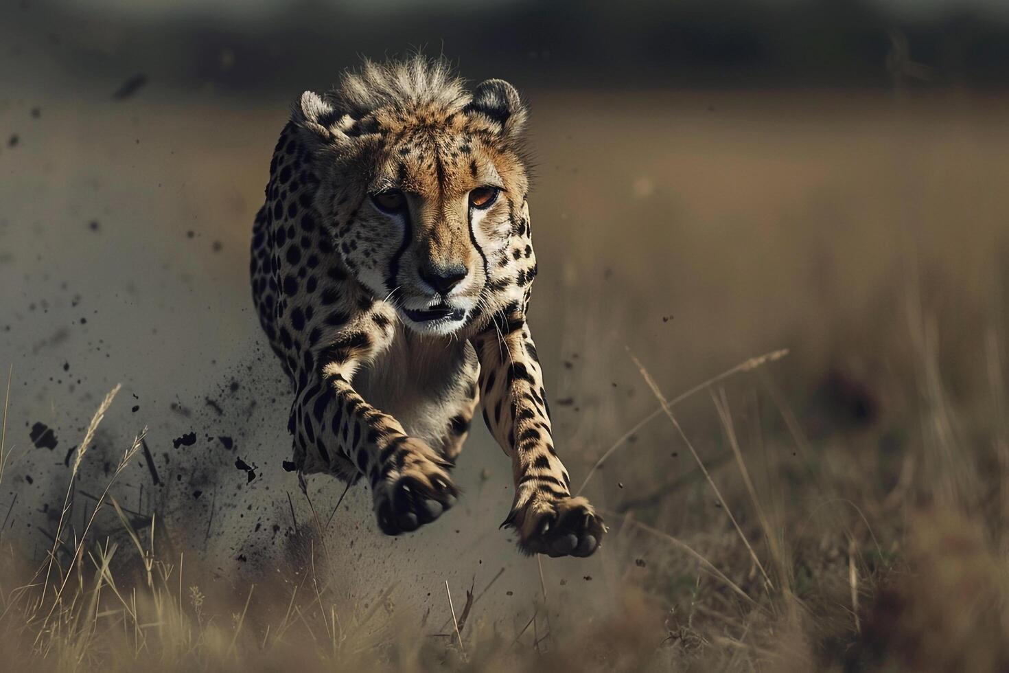 Cheetah Sprinting Across Savannah Background. Nature photo