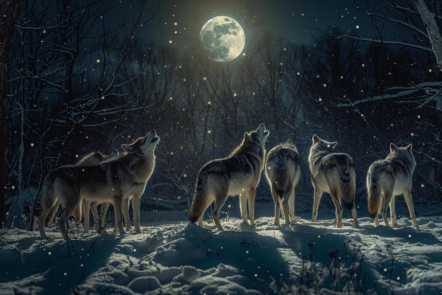 Pack of Wolves Howling Under a Full Moon in a Snowy Forest. Nature Background photo