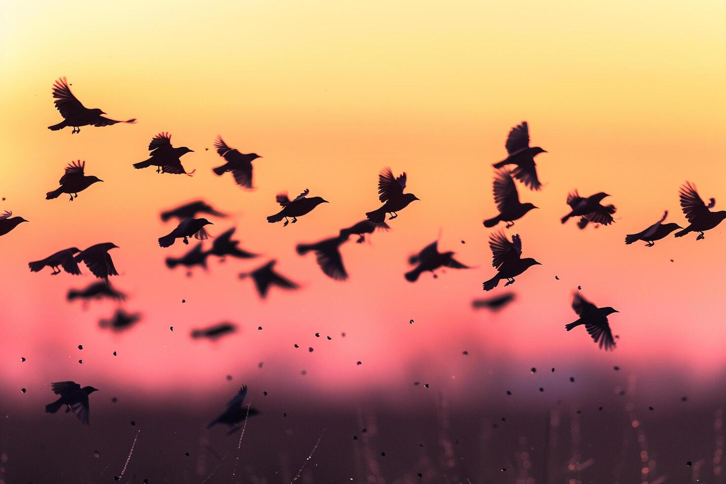 A Flock of Blackbirds Flying Across a Field at Dawn Background. Nature photo