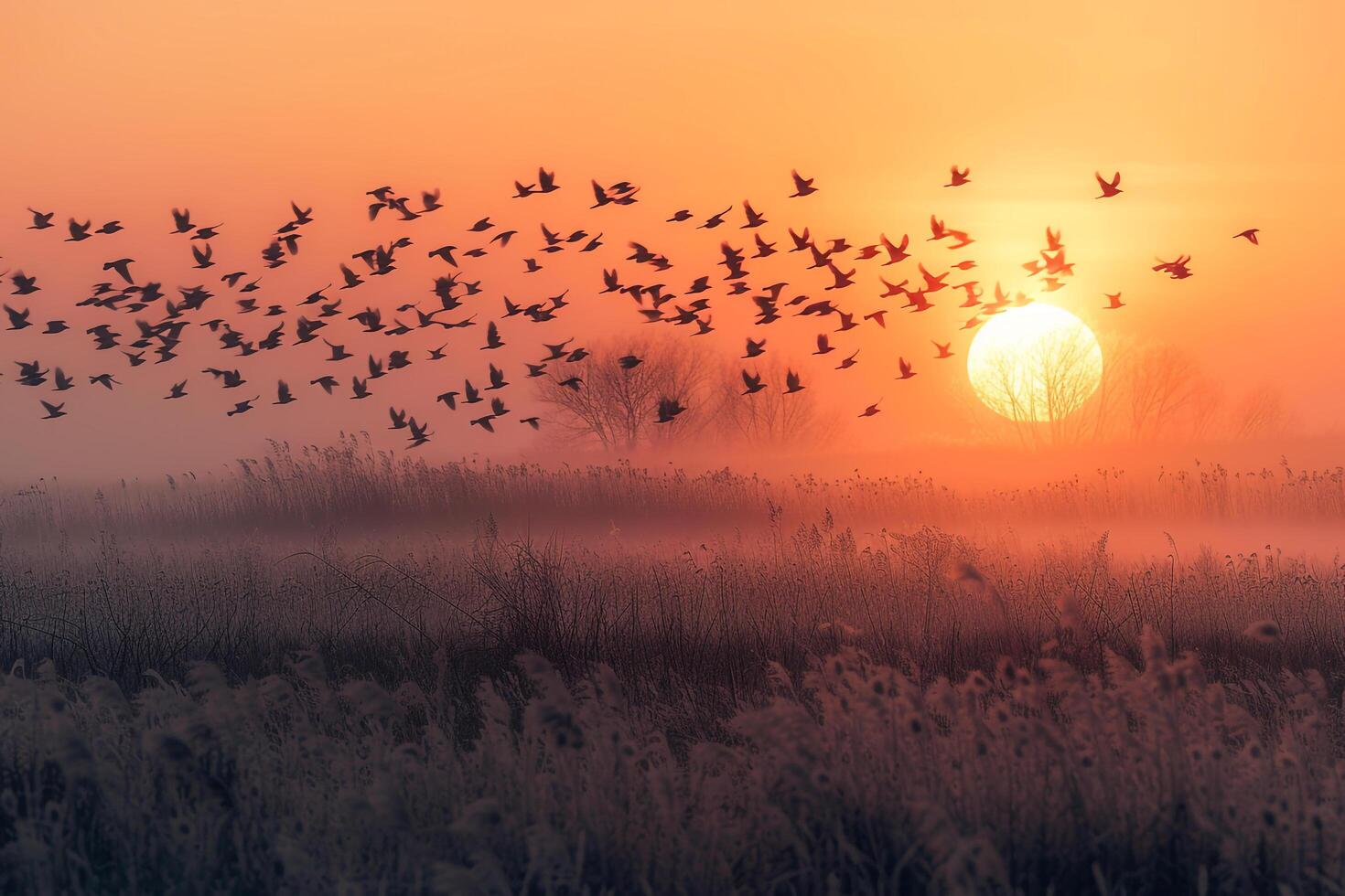 A Flock of Blackbirds Flying Across a Field at Dawn Background. Nature photo
