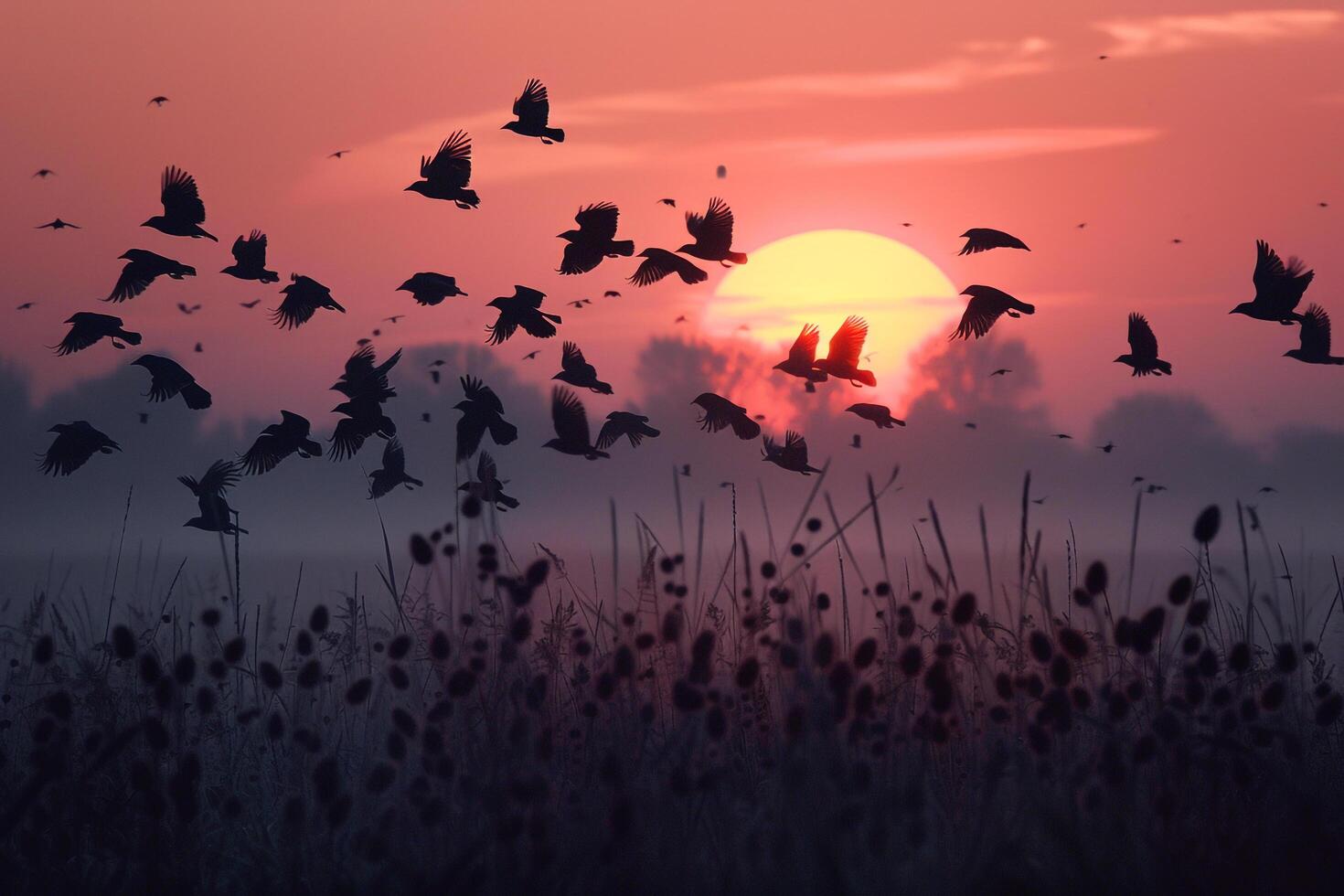 A Flock of Blackbirds Flying Across a Field at Dawn Background. Nature photo