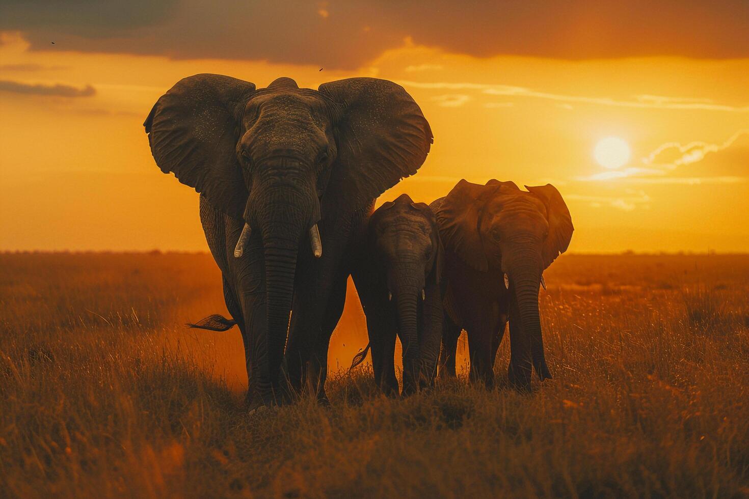 Elephant family walking through the savanna. Nature. Background photo