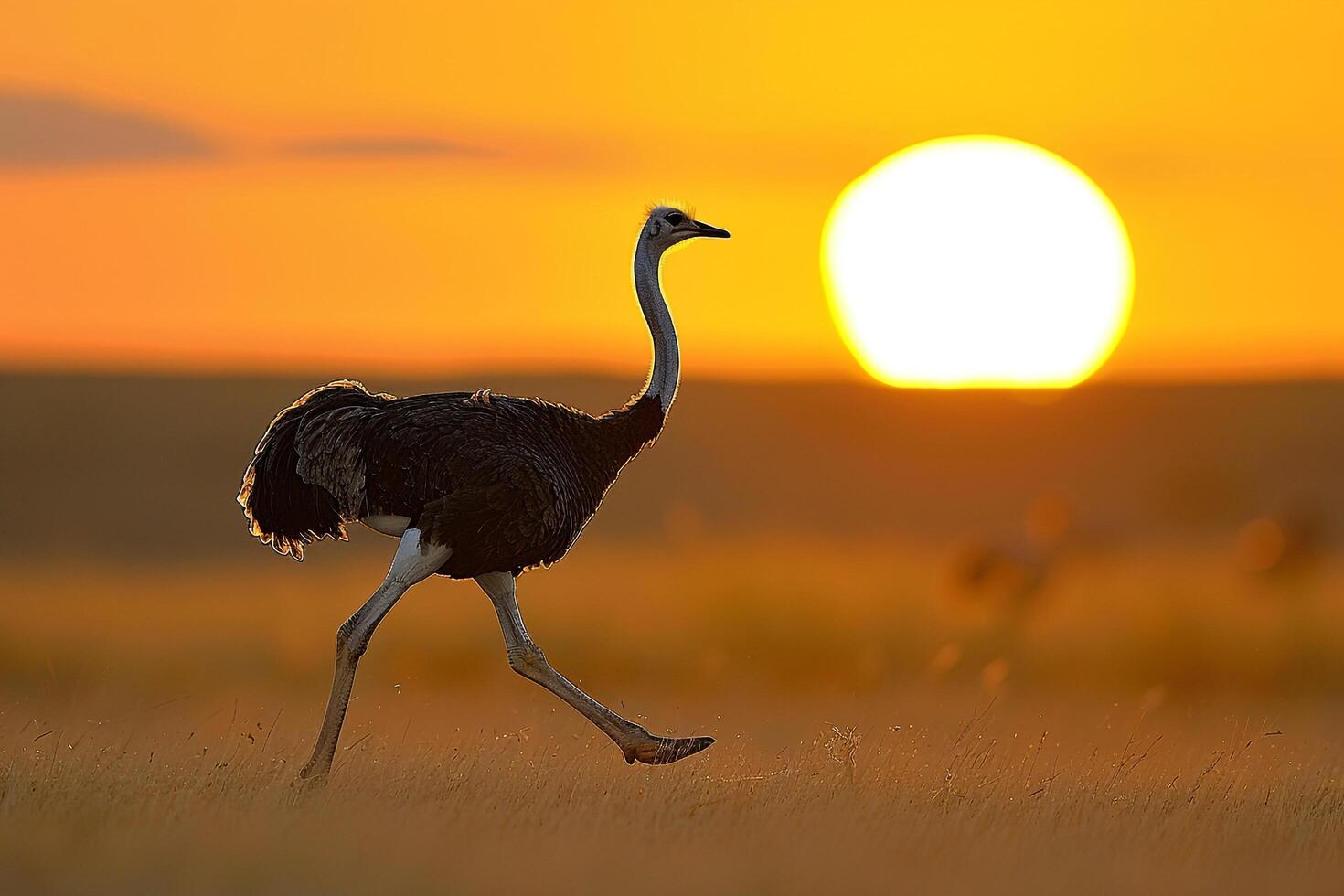 Ostrich running across the savannah with the setting sun in the background. Nature. Background photo