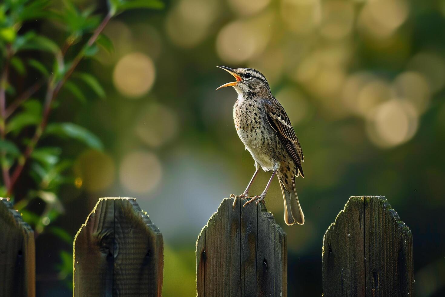 A mockingbird mimicking other birds calls while perched on a fence in a suburban backyard. nature background. lively scene with natural interaction photo