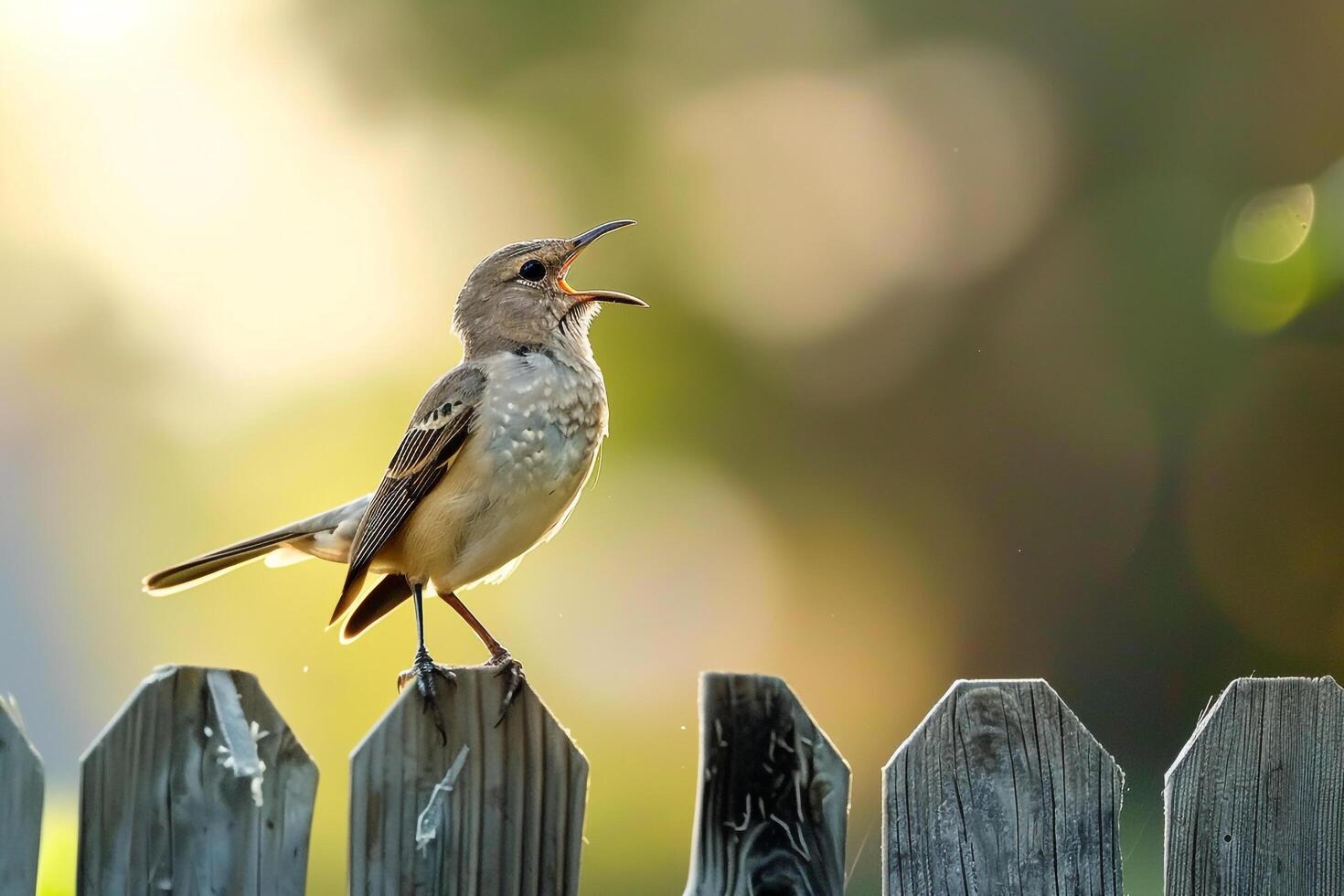 A mockingbird mimicking other birds calls while perched on a fence in a suburban backyard. nature background. lively scene with natural interaction photo