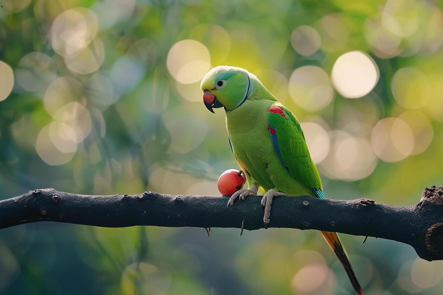 A parrot nibbling on a fruit while perched on a branch. nature background.  scene with lively avian activity and natural beauty photo
