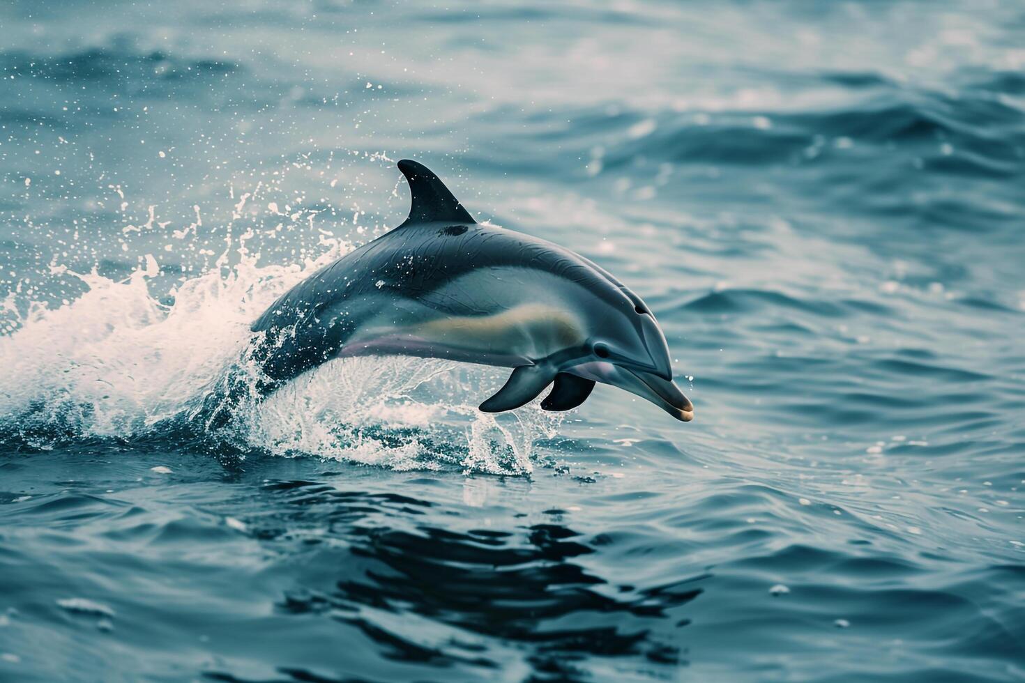 A dolphin leaping out of the ocean. nature background. dynamic and lively scene showcasing playful marine behavior photo