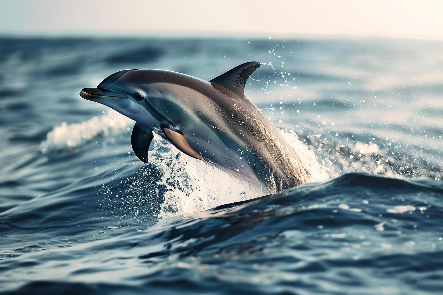 A dolphin leaping out of the ocean. nature background. dynamic and lively scene showcasing playful marine behavior photo