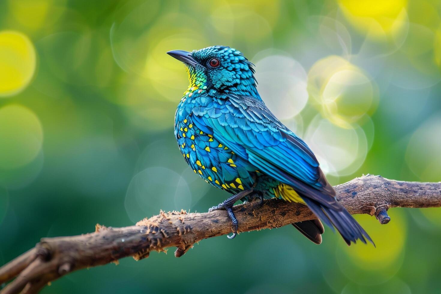 A Cotinga with Bright Plumage. Sitting on a High Branch. Background. Nature photo