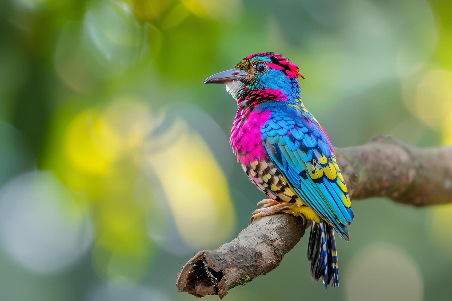 A Cotinga with Bright Plumage. Sitting on a High Branch. Background. Nature photo