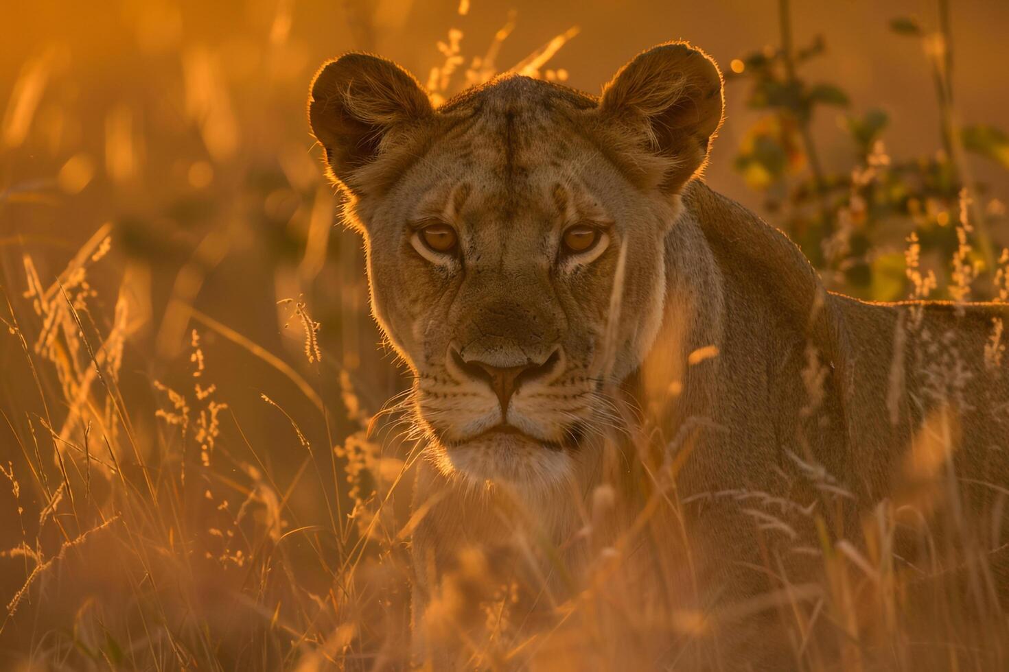 Lioness Stalking Prey in Tall Grass at Sunset. Background. Nature photo