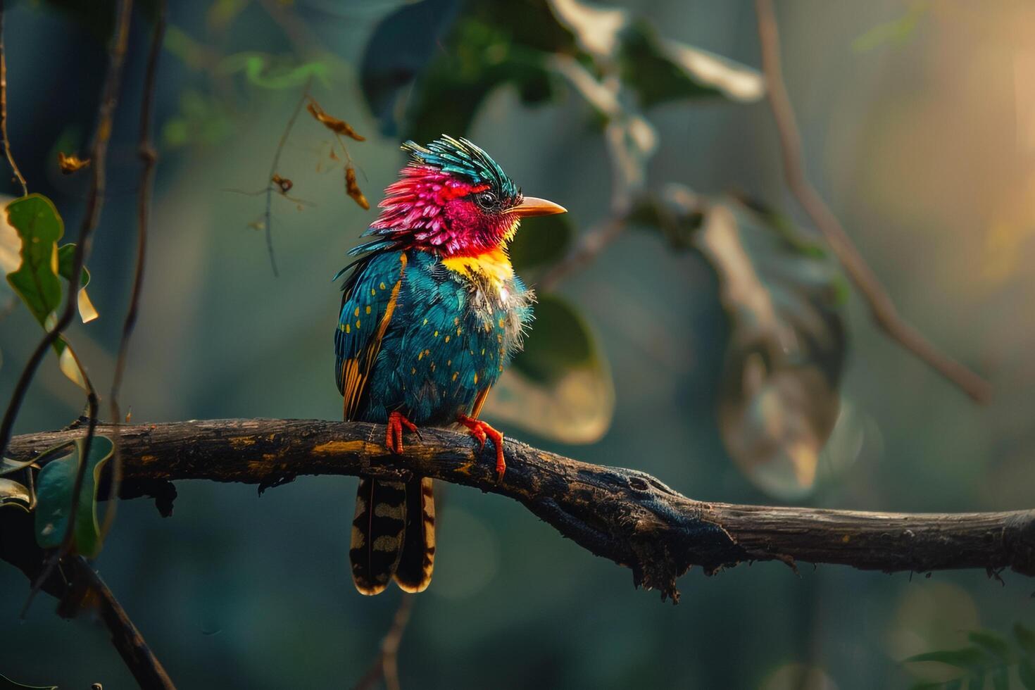 A Cotinga with Bright Plumage. Sitting on a High Branch. Background. Nature photo