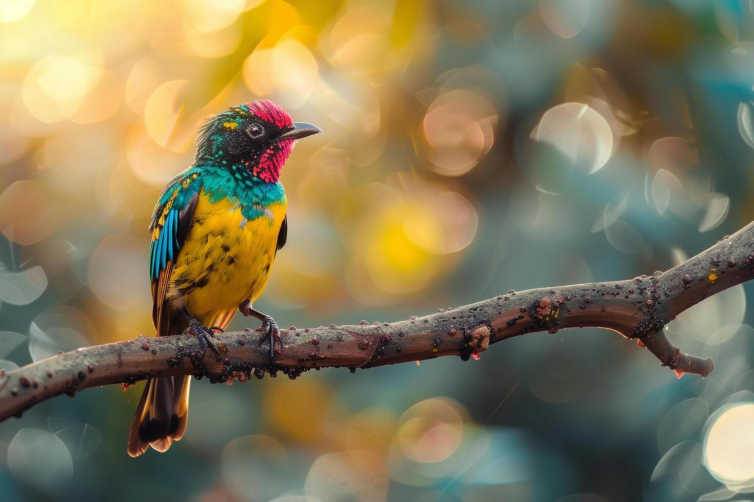 A Cotinga with Bright Plumage. Sitting on a High Branch. Background. Nature photo