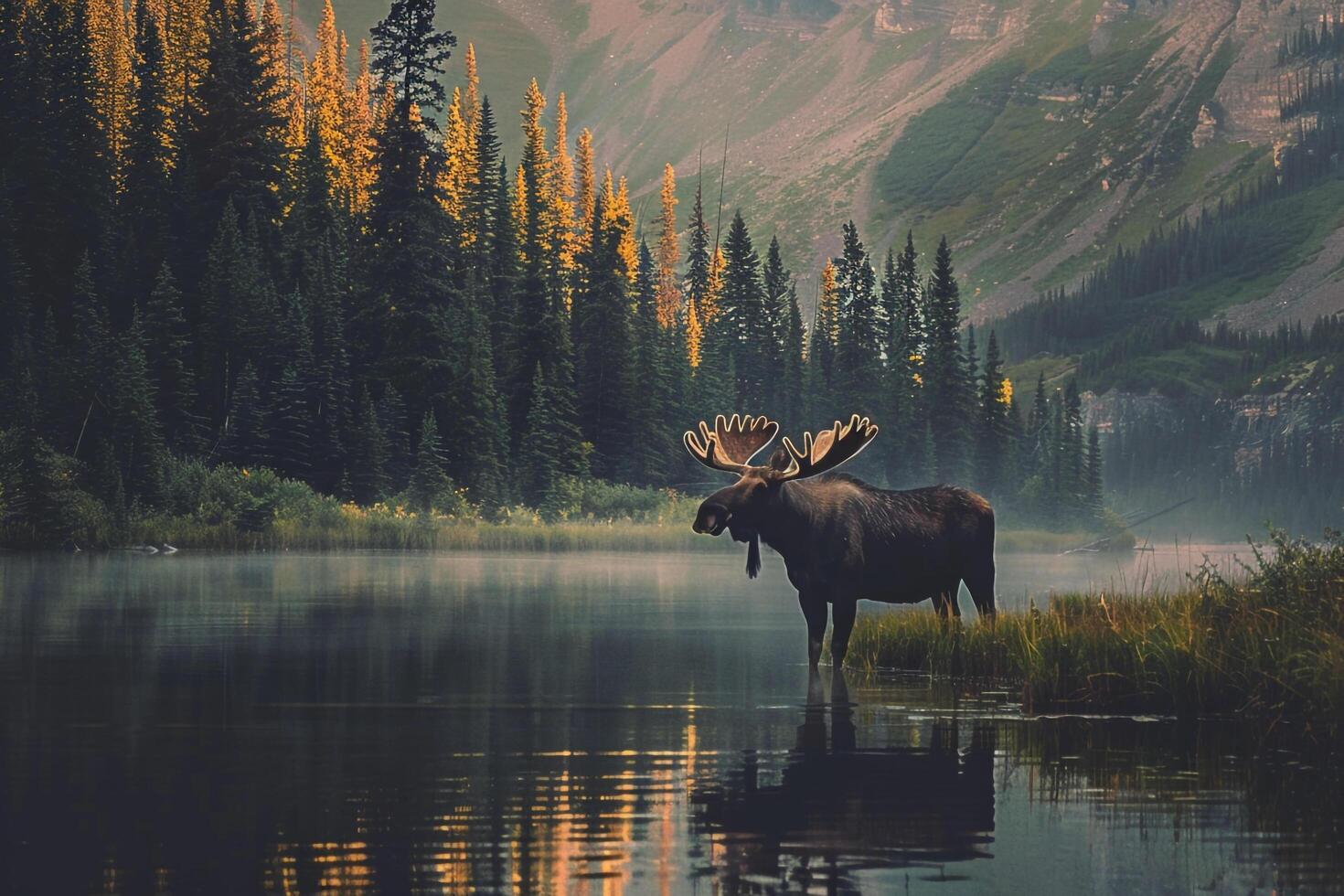 A Majestic Moose Standing Beside a Tranquil Mountain Lake. Background. Nature photo