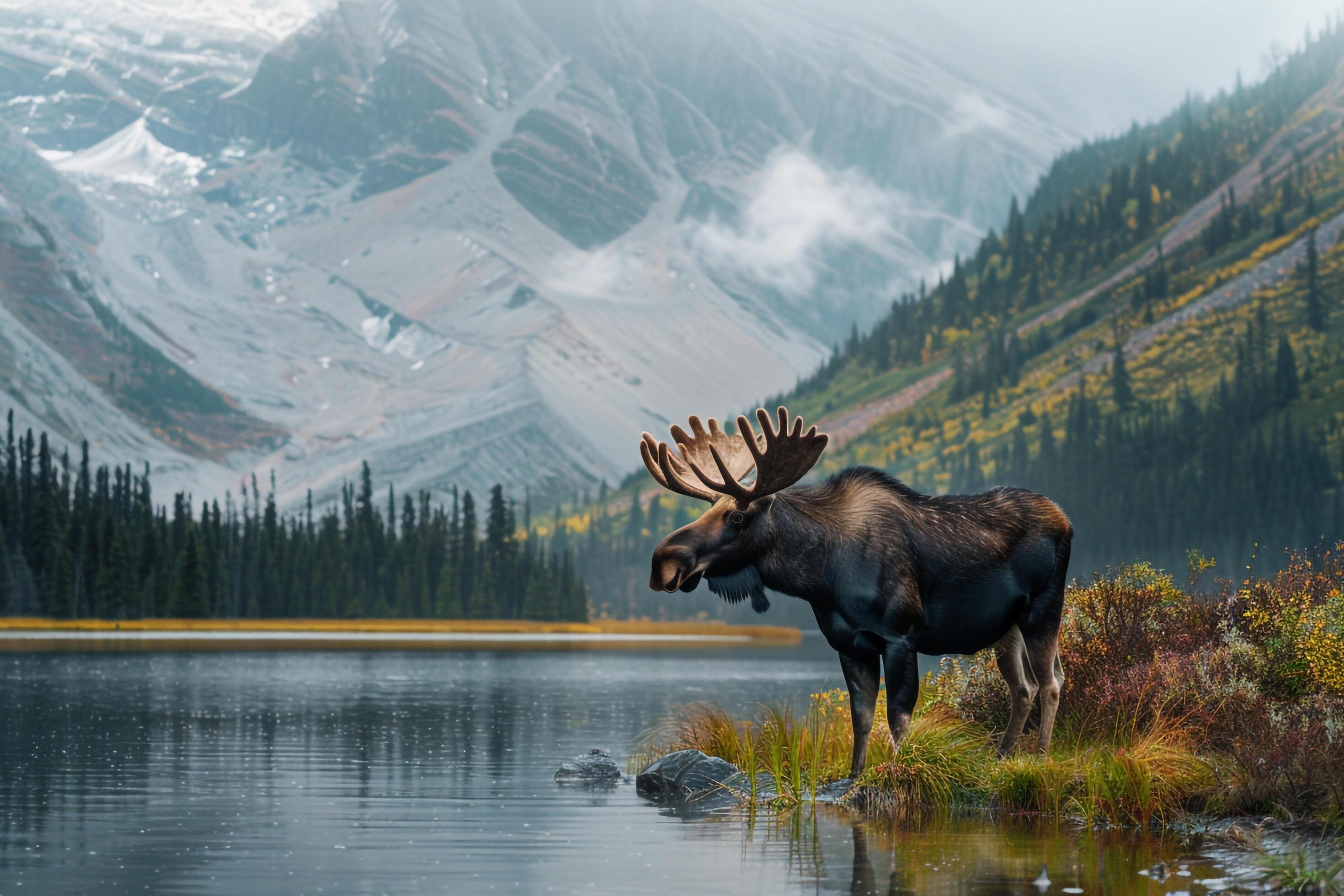 A Majestic Moose Standing Beside a Tranquil Mountain Lake. Background