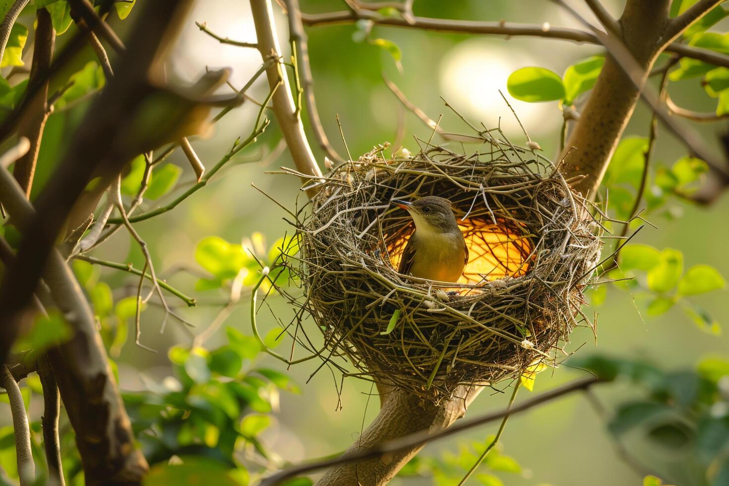 A Weaver Bird Building Its Intricate Nest in a Tree. Background. Nature photo