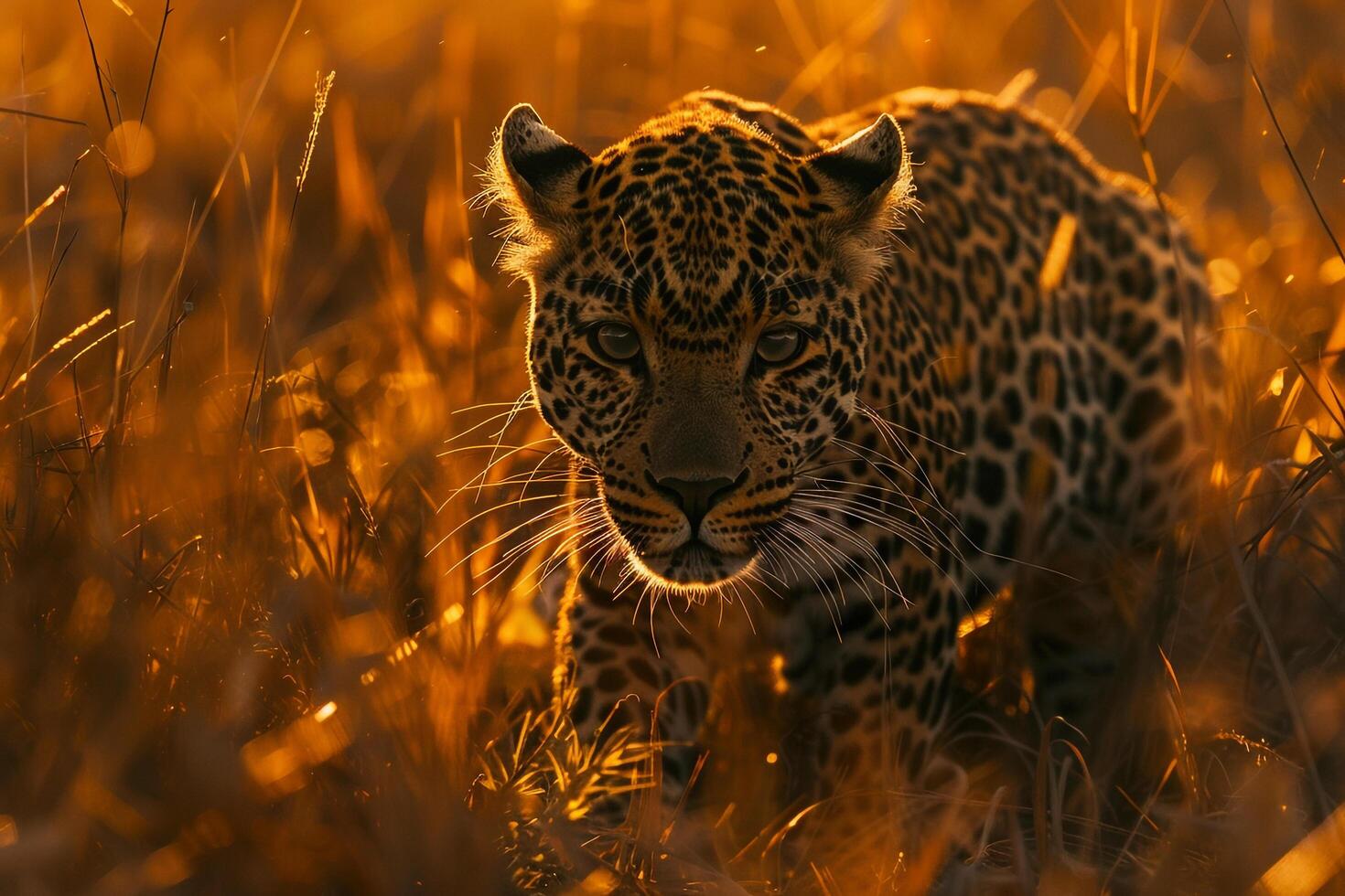 A Leopard Prowling Through Tall Grass. Background. Nature photo